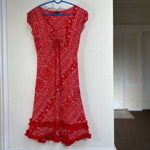 Jedzebel Short Silk Dress w/ Red & White Print